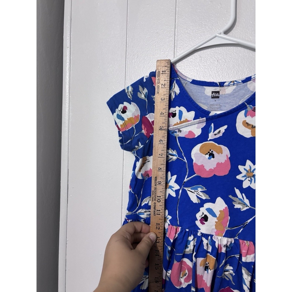 Tea Brand Girls Short Sleeve Wrap Neck Dress Size 8 Blue Floral Colorful Cotton - Picture 8 of 12